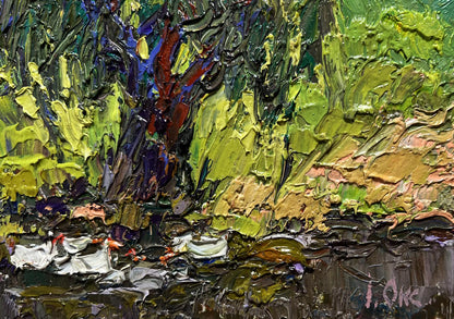 Vibrant impressionist oil painting The ducks hid near the tree by Oksana Ivanyuk