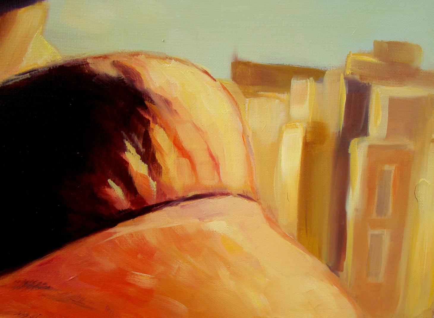 Warm-toned oil painting Crazy eyes by Yulia Lihina with cityscape