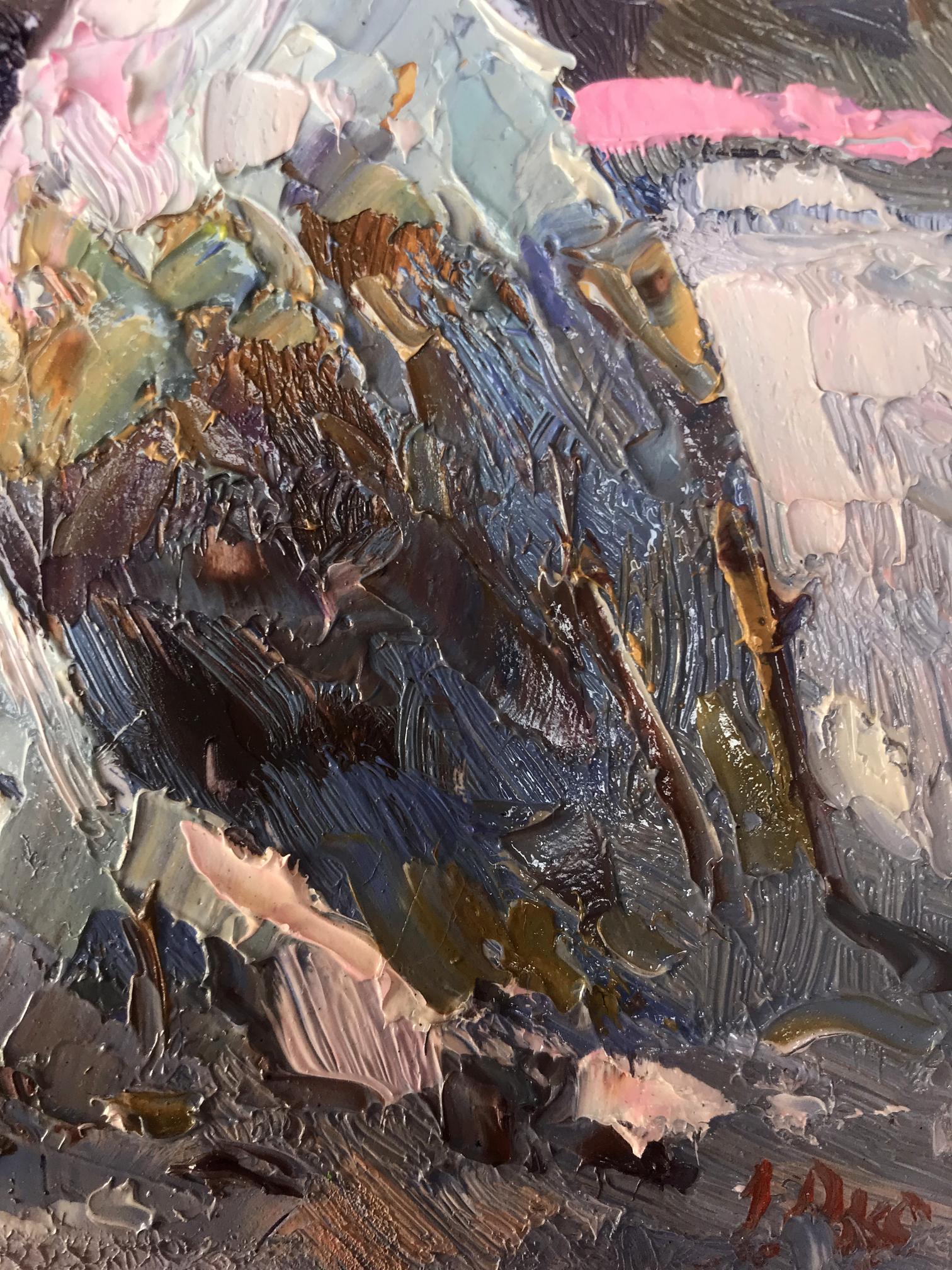 Oil painting Moonlit frosty night by Oksana Ivanyuk with impasto brushstrokes