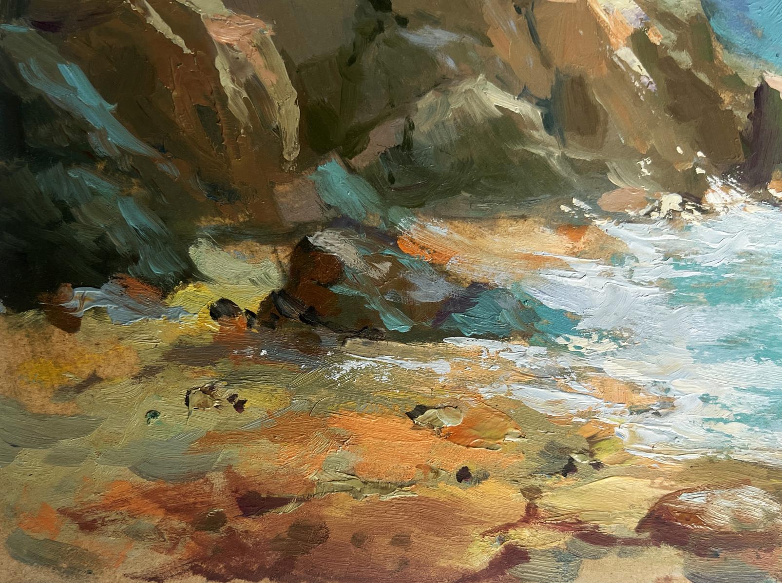 Oil painting by Yuriy Suprunchuk: Sailing to shore on boat with turquoise waves crashing on rocks