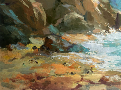 Oil painting by Yuriy Suprunchuk: Sailing to shore on boat with turquoise waves crashing on rocks