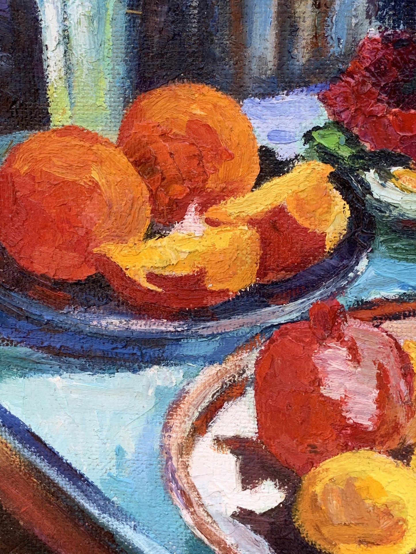 Oil painting by Boris Serdyuk: vibrant orange peaches and red pomegranate on ceramic plates
