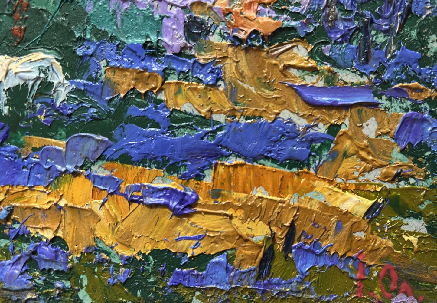 Oil painting In a forest clearing by Oleksiy Ivanyuk with vibrant impasto strokes