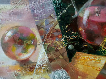 Abstract oil painting Golden Day by Anatoly Tarabanov with pink spheres