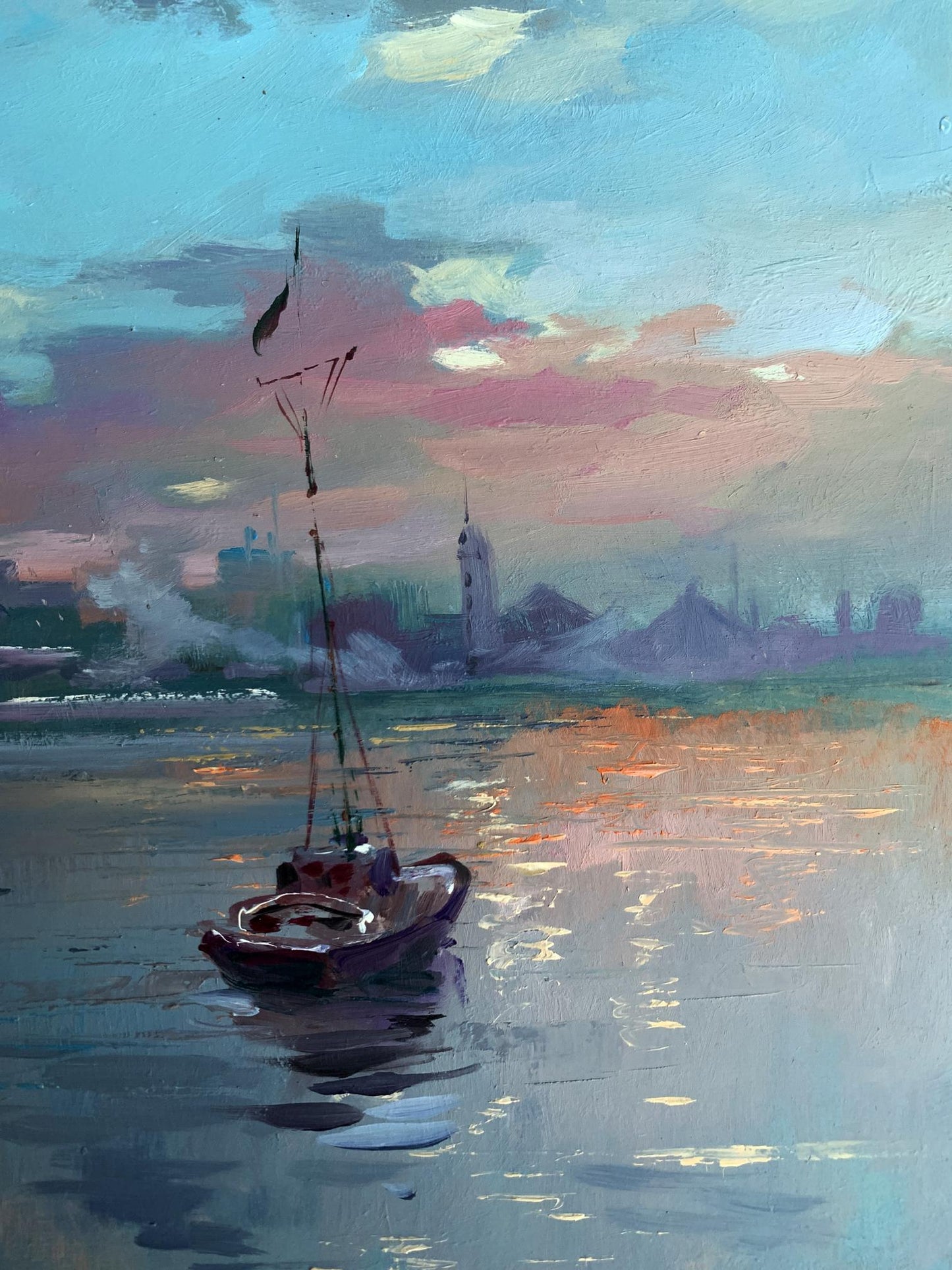 Oil painting of romantic sailing boat at twilight by Yuriy Suprunchuk