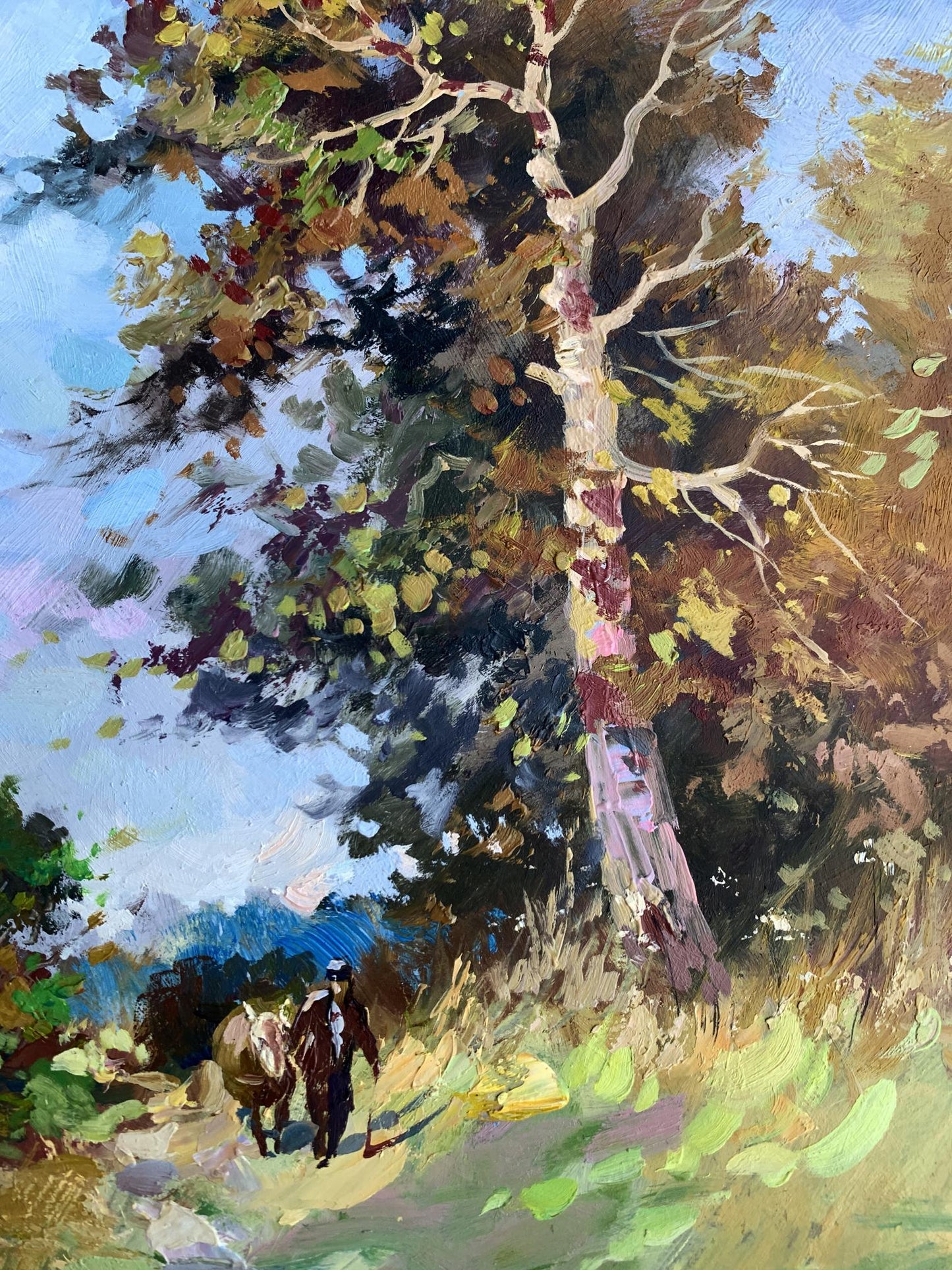 Oil painting Returning Home by Yuriy Suprunchuk: tall textured birch tree