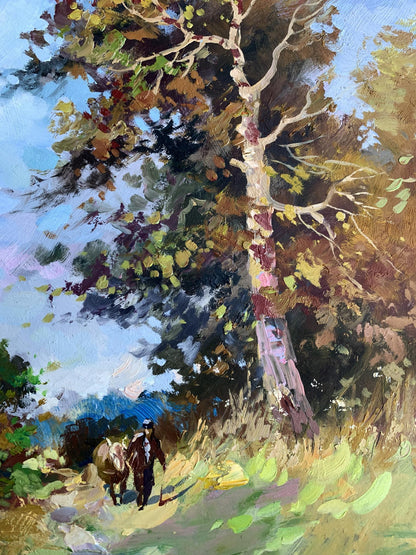 Oil painting Returning Home by Yuriy Suprunchuk: tall textured birch tree