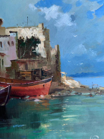 Oil painting by Yuriy Suprunchuk: red boat on seashore quay under blue sky