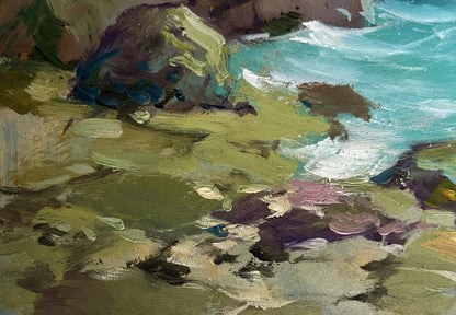 Oil painting by Yuriy Suprunchuk: seagulls over turquoise waves on rocky shore