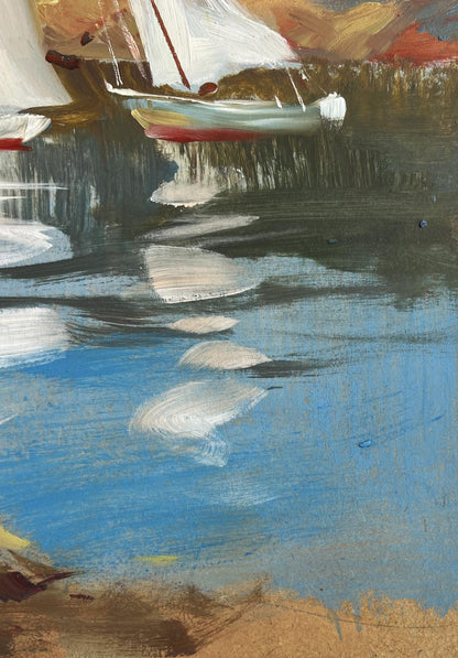 Impressionistic oil painting of small sailboat on yacht by Yuriy Suprunchuk