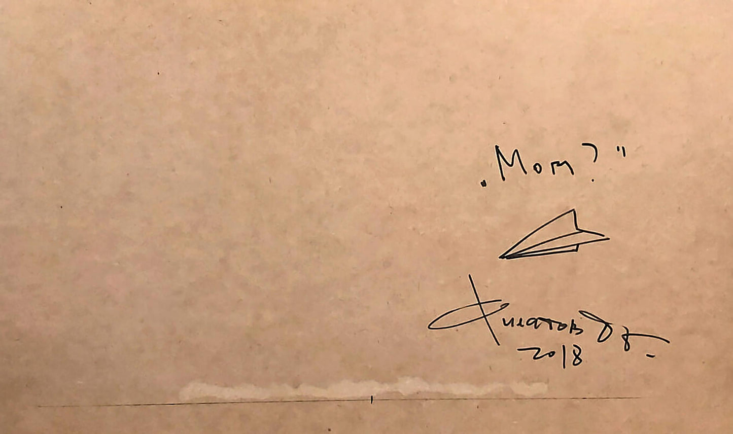 Handwritten note with paper airplane drawing, Mom?, Dima Filatov 2018 watercolor back