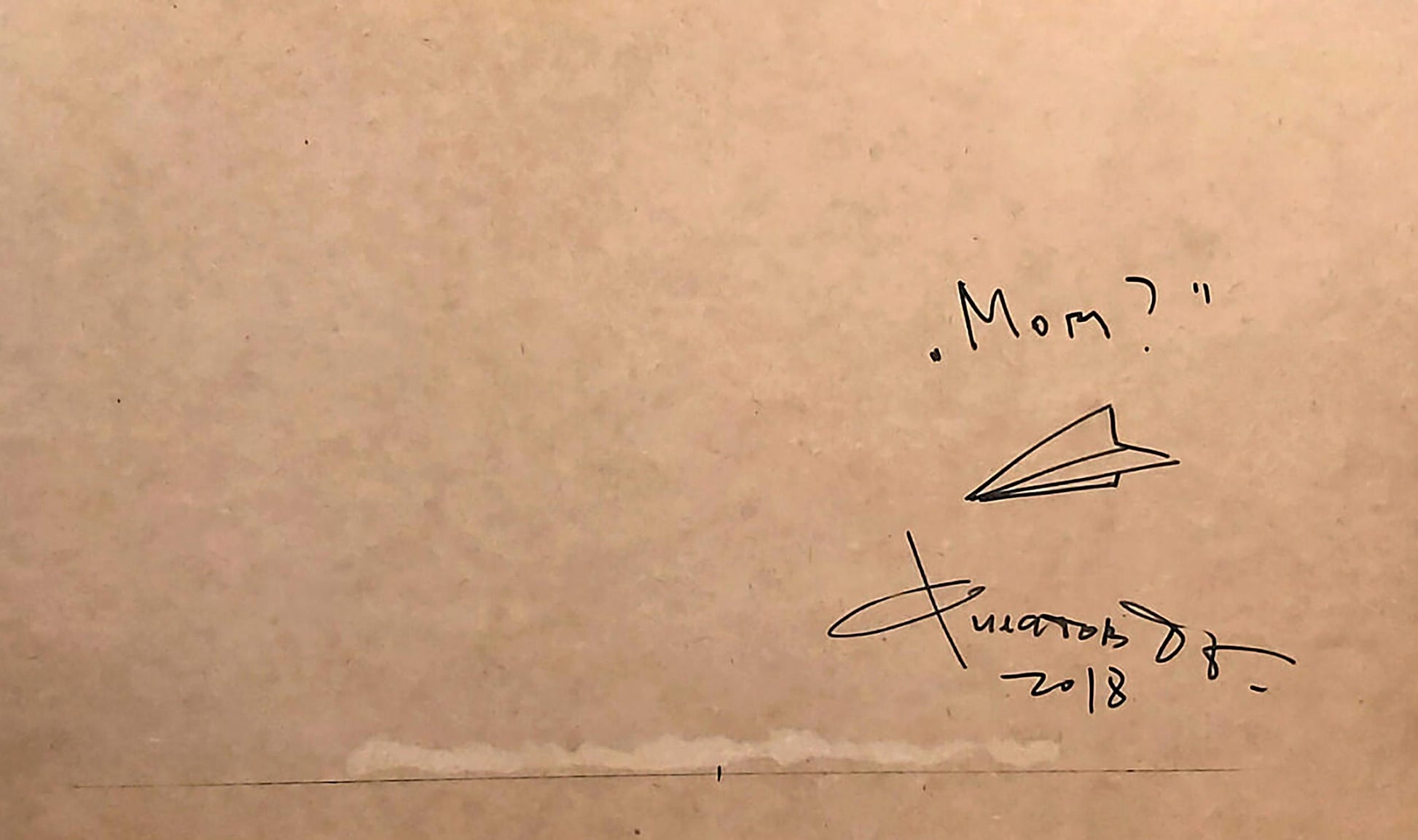 Handwritten note with paper airplane drawing, Mom?, Dima Filatov 2018 watercolor back
