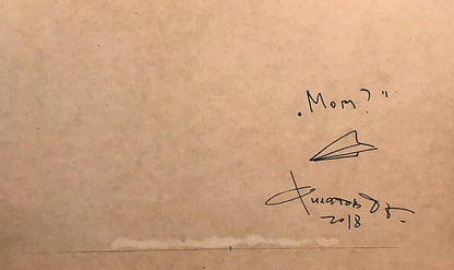 Handwritten note with paper airplane drawing, Mom?, Dima Filatov 2018 watercolor back