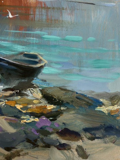 Oil painting by Yuriy Suprunchuk: birds fly over dark wooden boat on rocky river shore