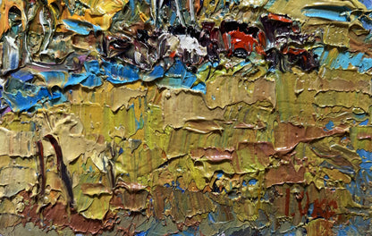Oil painting Autumn sunny day by Oksana Ivanyuk, textured abstract in yellow, blue, red, brown