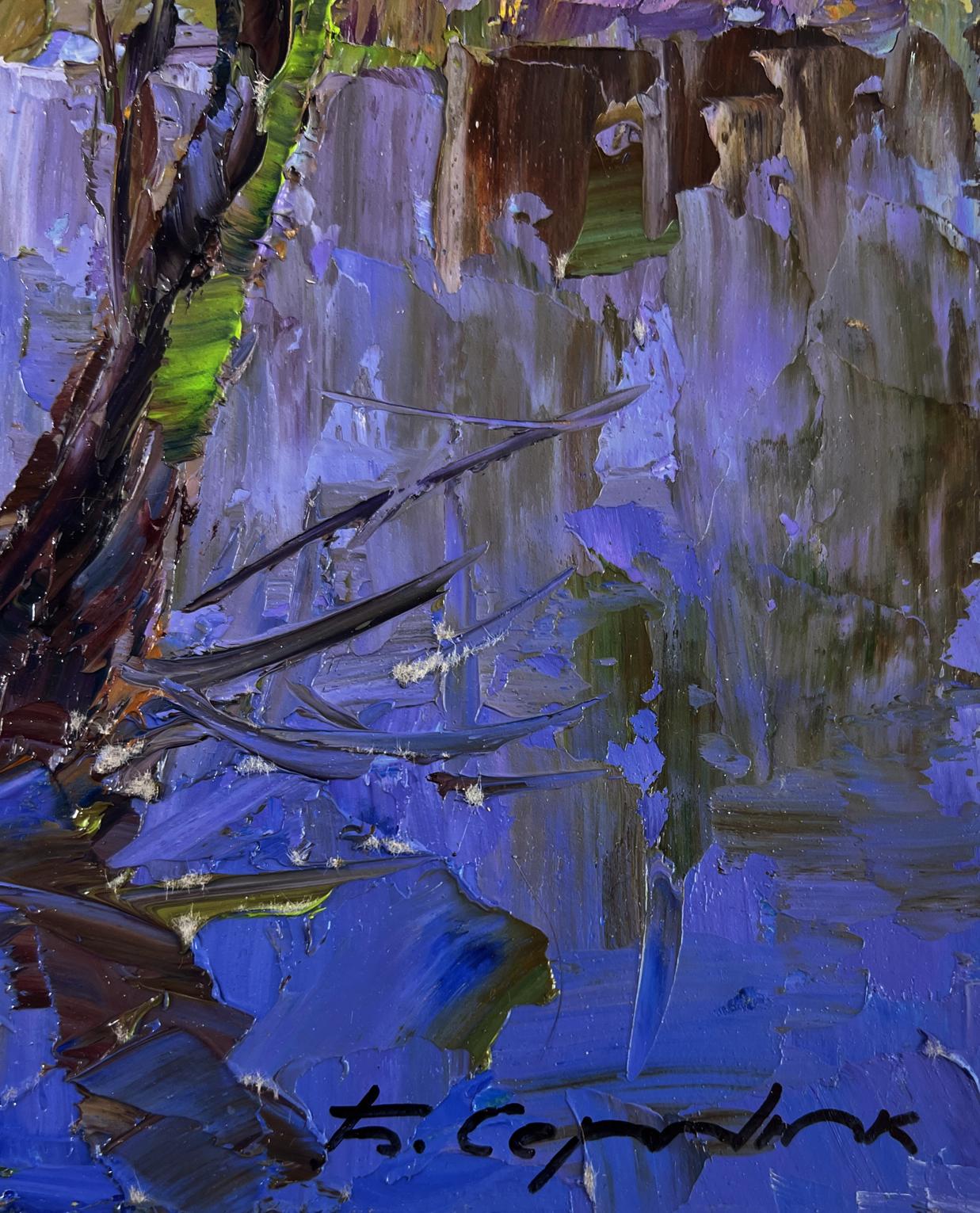 Oil painting Path between two banks by Boris Serdyuk, textured blue-purple scene