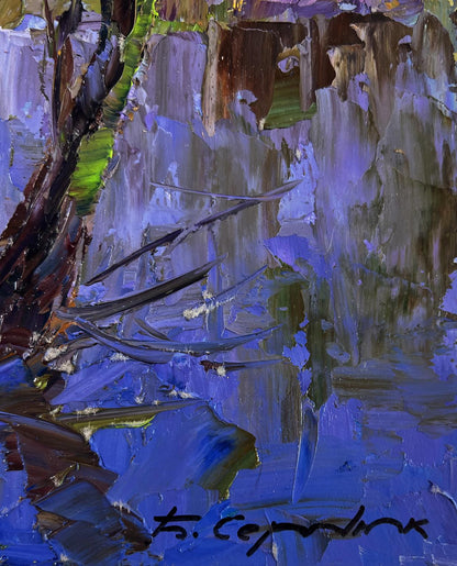 Oil painting Path between two banks by Boris Serdyuk, textured blue-purple scene