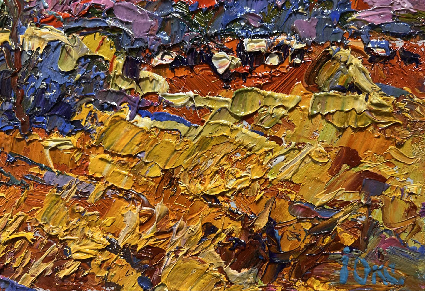 Golden autumn field oil painting by Oksana Ivanyuk, vibrant impasto strokes