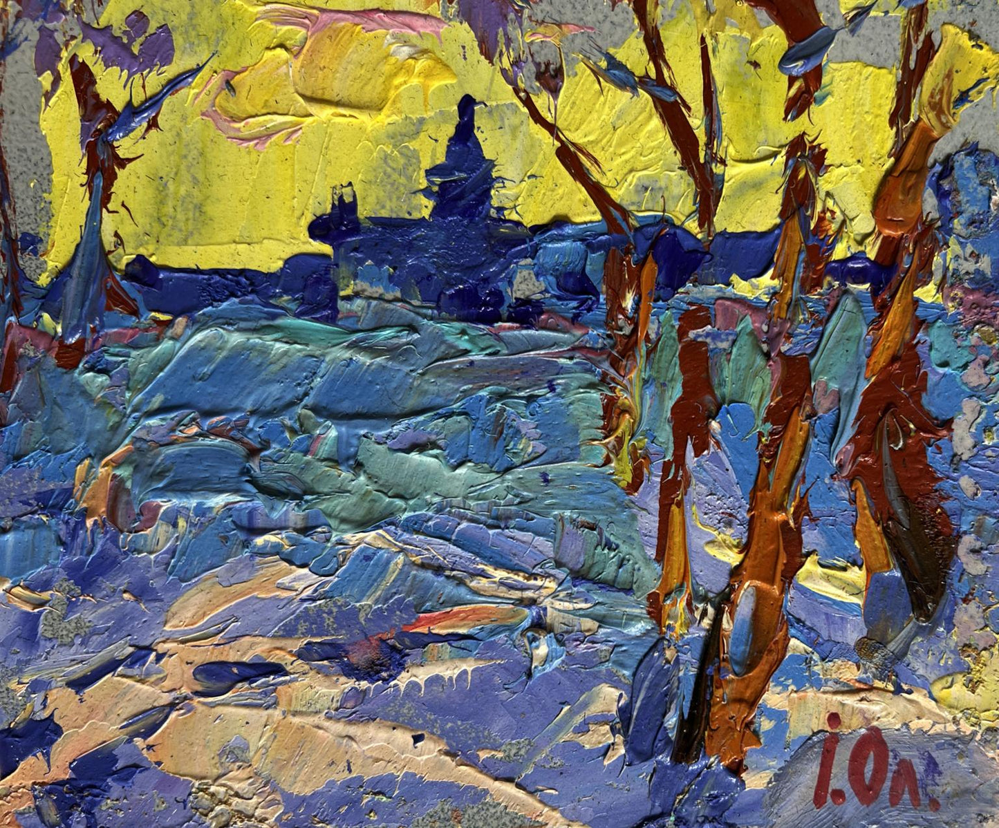 Vibrant impressionist oil painting Winter evening with yellow sunset by Oleksiy Ivanyuk
