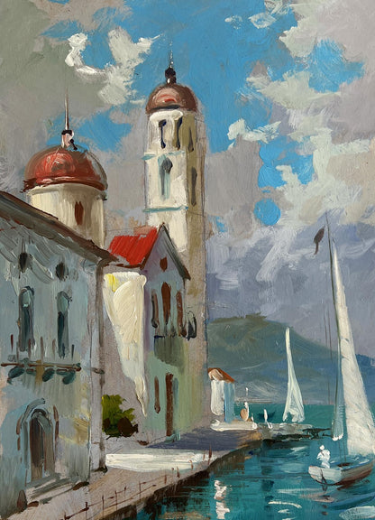 Vibrant oil painting by Yuriy Suprunchuk: city towers on turquoise water with sailboats