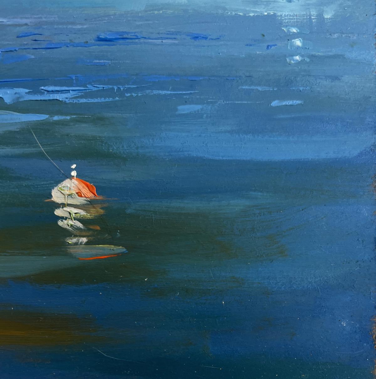 Oil painting by Yuriy Suprunchuk: orange buoy on stormy blue water