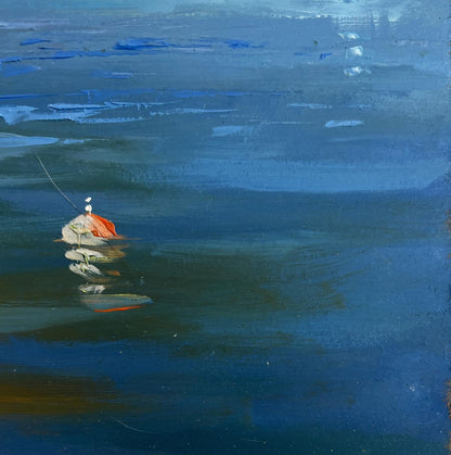 Oil painting by Yuriy Suprunchuk: orange buoy on stormy blue water