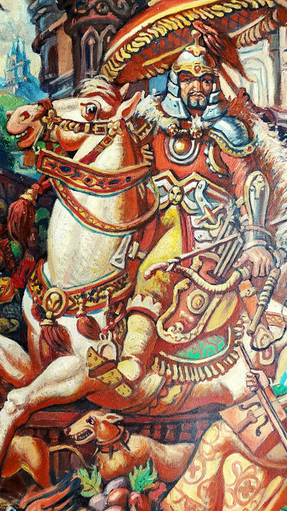 Oil painting of Genghis Khan as ornate knight on white horse by Daniil Litvinov
