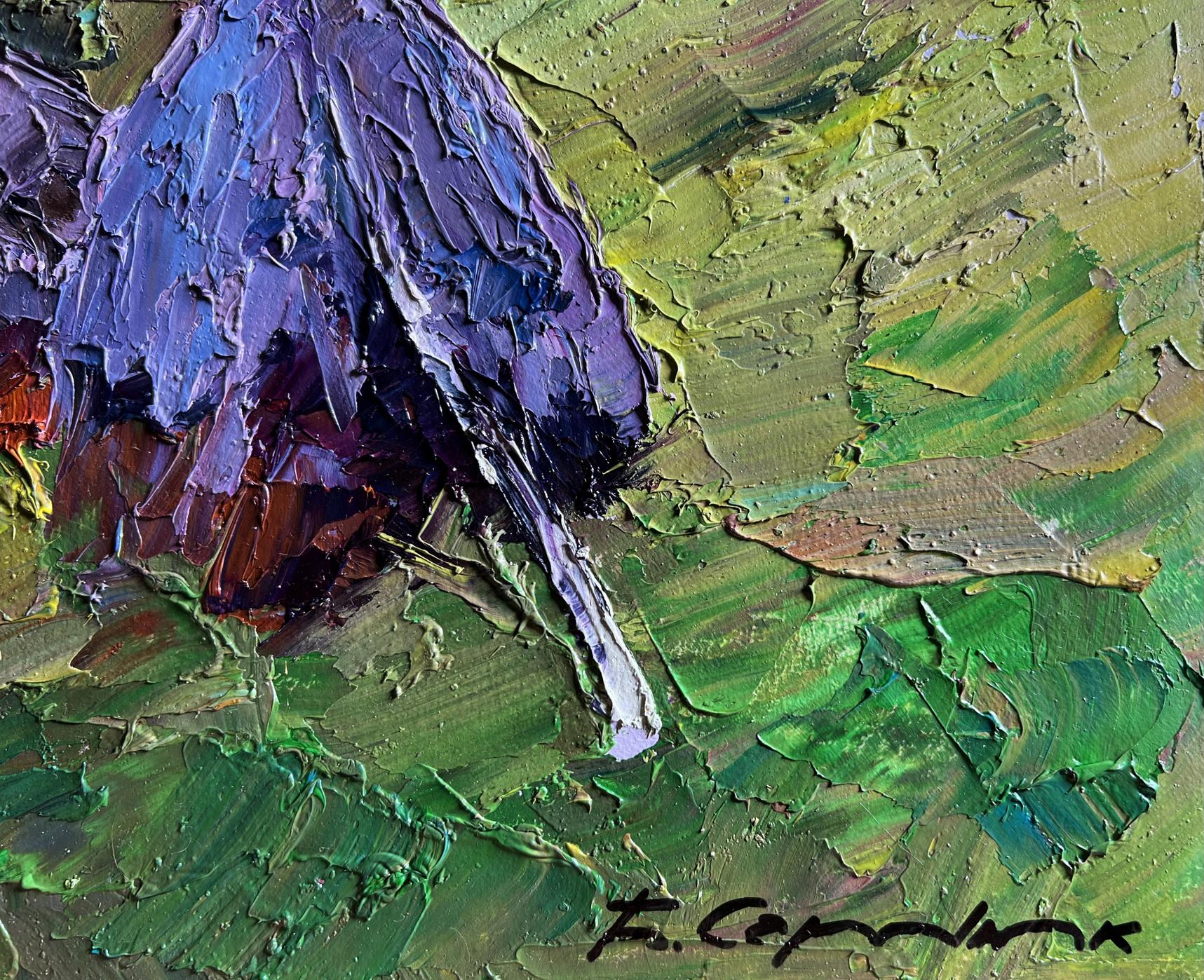 Textured impasto oil painting of purple brown bird on foliage by Boris Serdyuk