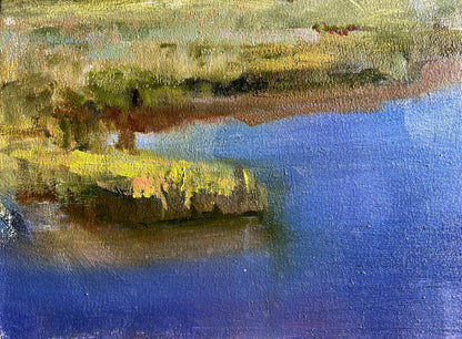 Oil painting of bright sunny summer day with blue water and earthy land by Tatyana Derdey