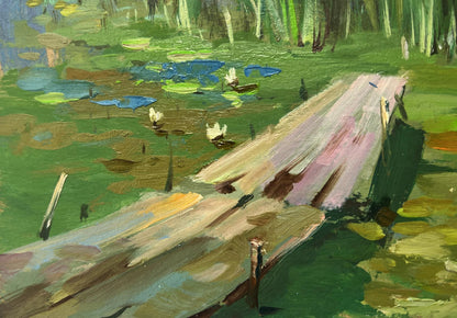 Oil painting by Yuriy Suprunchuk: weathered bridge over lily-pad pond