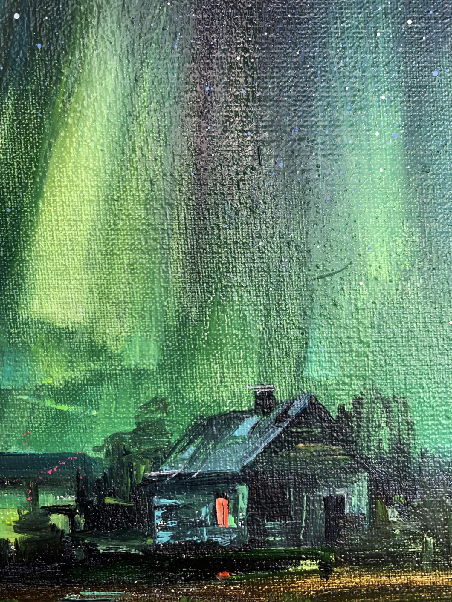 Oil painting Northern lights Tatyana Derdey: rustic house under green auroras