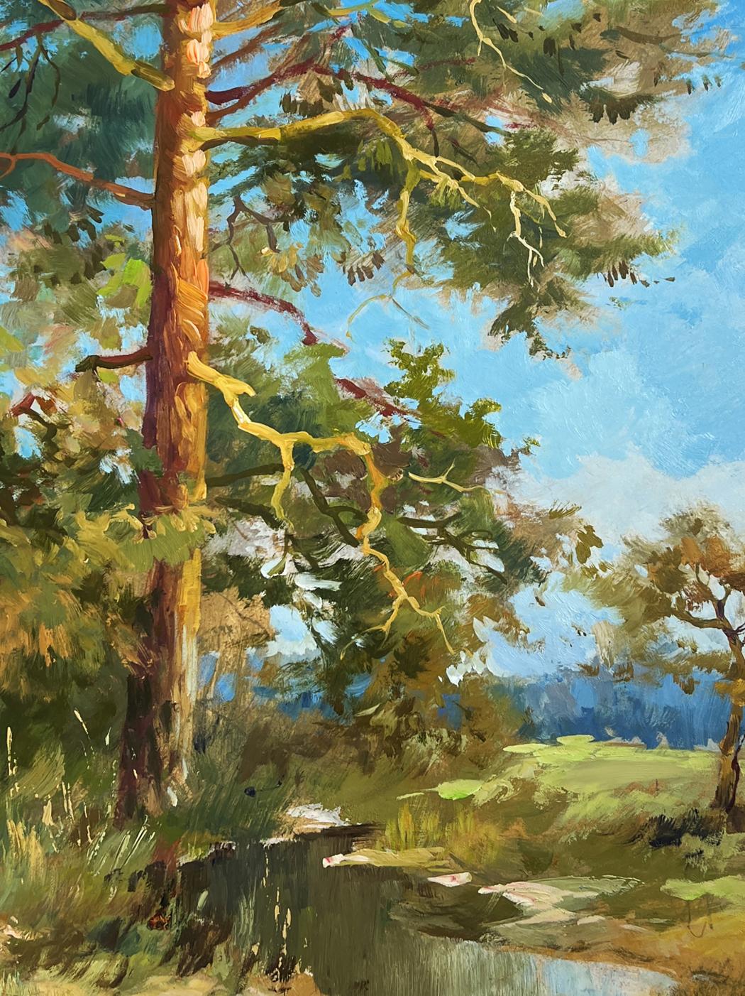 Oil painting of tall textured pine tree by Yuriy Suprunchuk