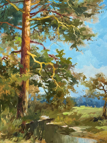 Oil painting of tall textured pine tree by Yuriy Suprunchuk