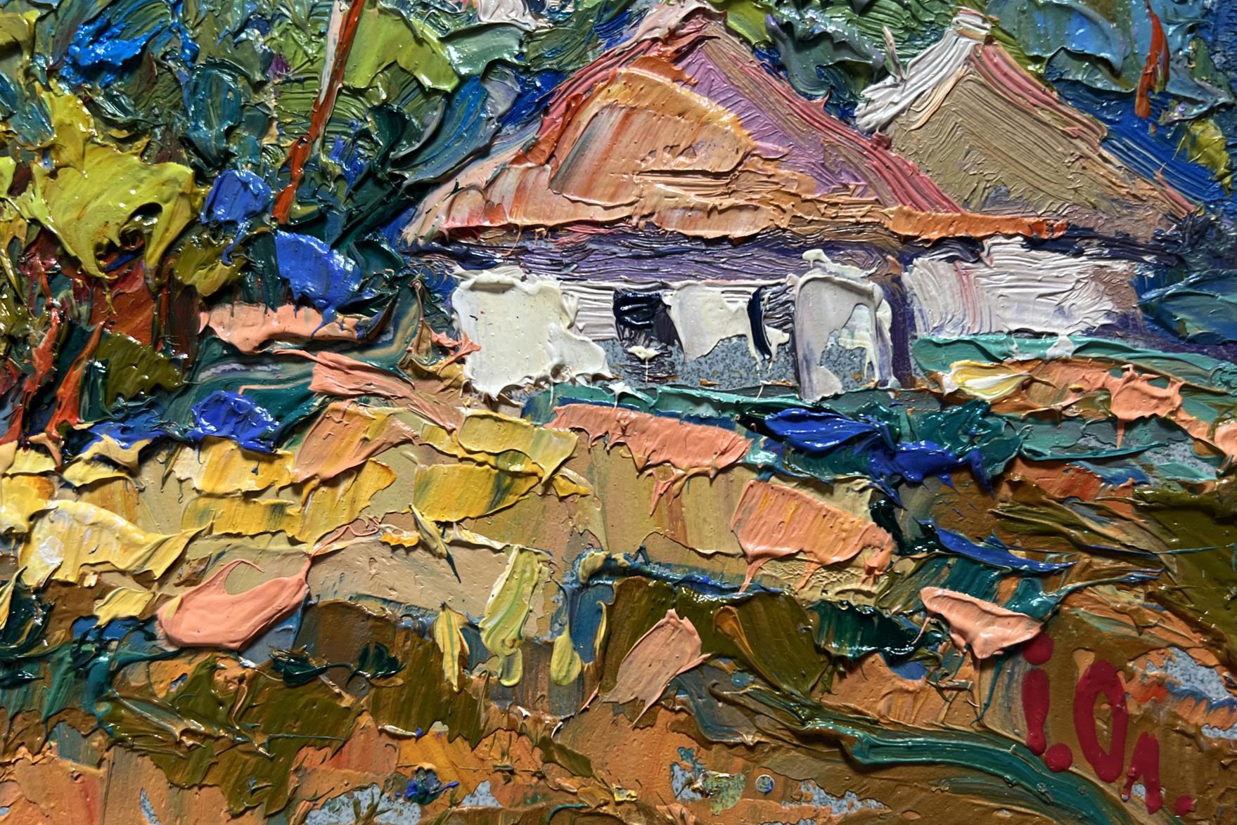 Oil painting of village under mountain by Oleksiy Ivanyuk, rustic house
