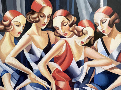 Abstract oil painting of slender girls by Victor Konotopsky, inspired by Franz Metzinger