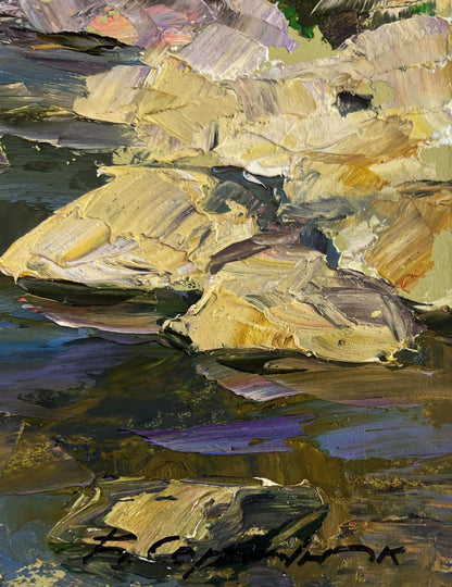 Impasto oil painting Silent Whispers Between Green Shores by Boris Serdyuk