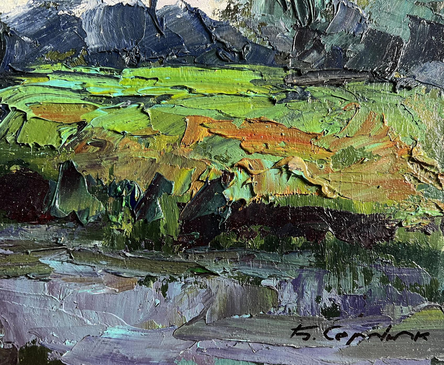 Oil painting In the evening on the meadow by Boris Serdyuk, impressionist landscape