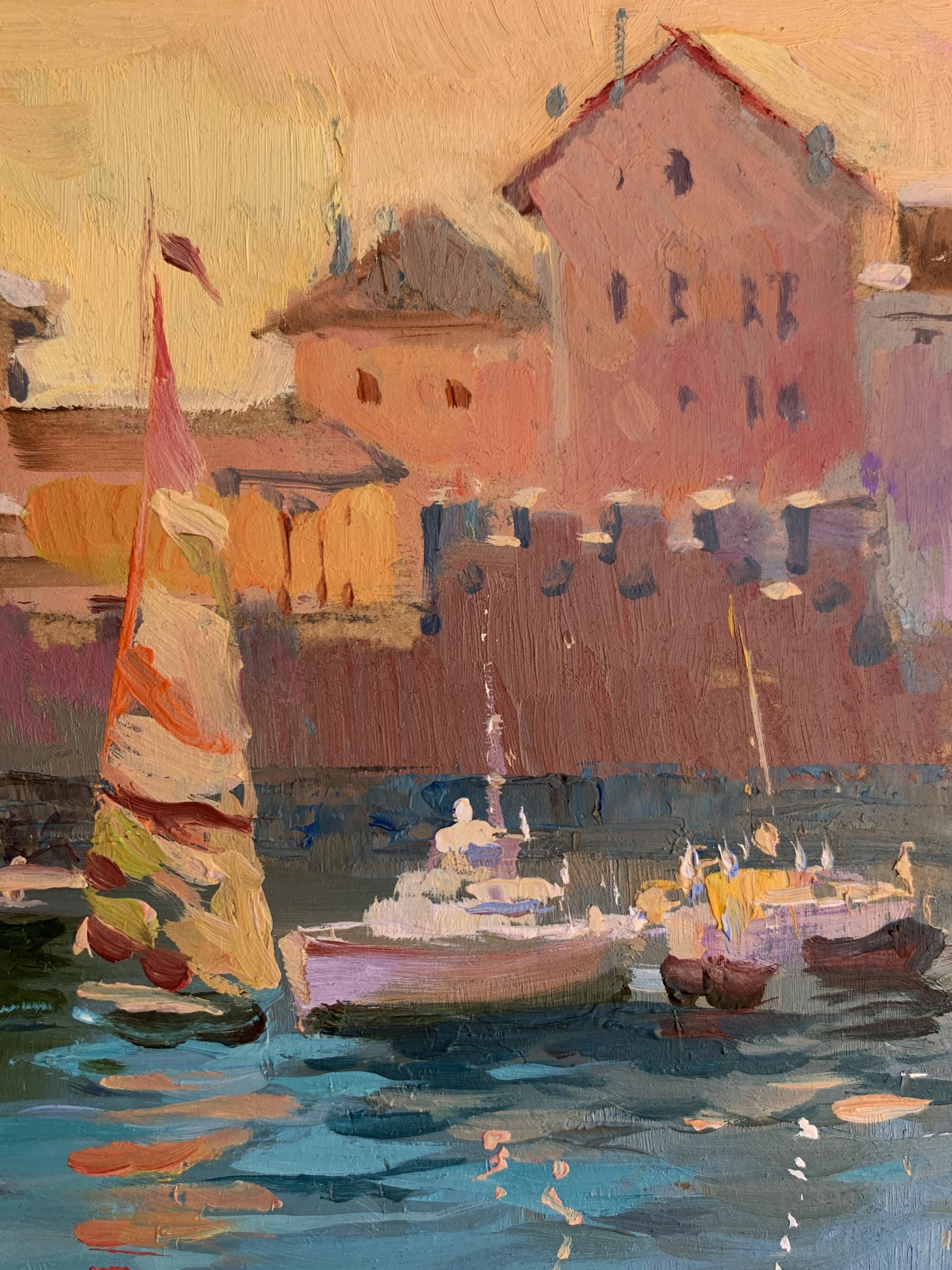 Vibrant impressionistic oil painting Evening at the yacht club by Yuriy Suprunchuk