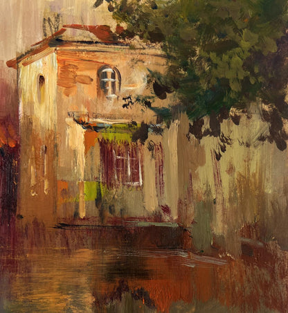 Warm-toned impressionistic oil painting City on the Water by Yuriy Suprunchuk