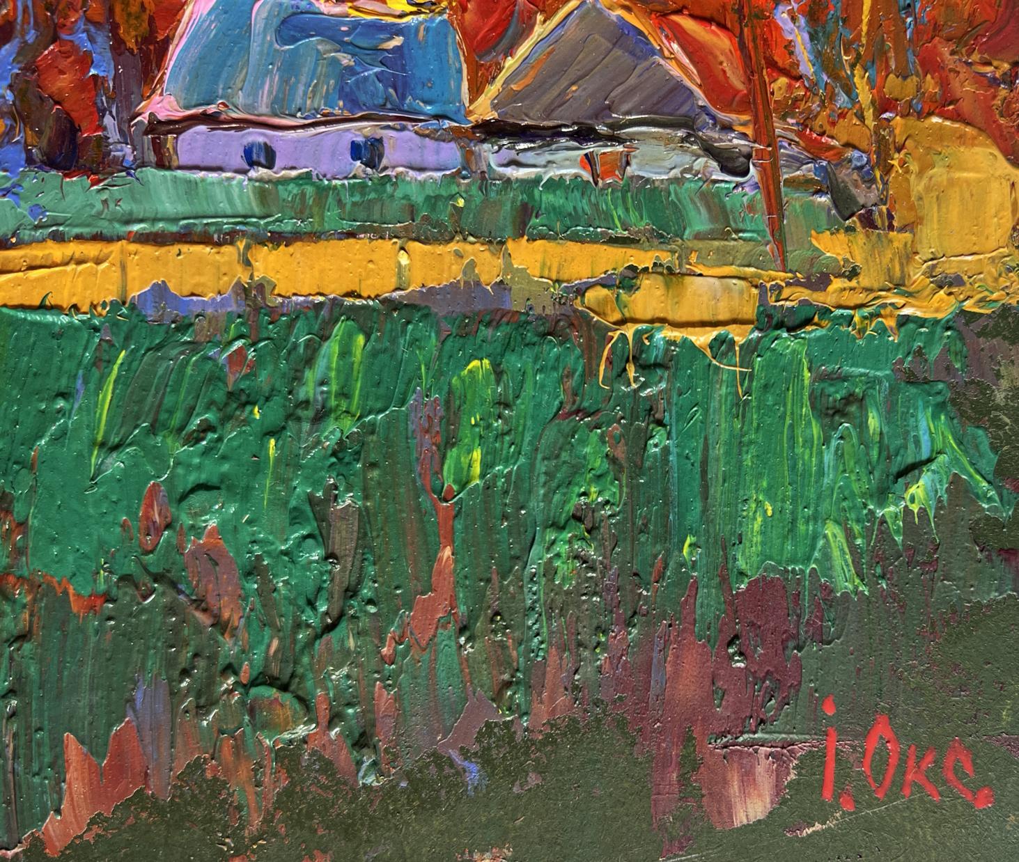 Vibrant impressionist oil painting Crimson autumn in the village by Oksana Ivanyuk