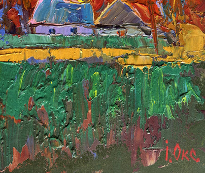 Vibrant impressionist oil painting Crimson autumn in the village by Oksana Ivanyuk