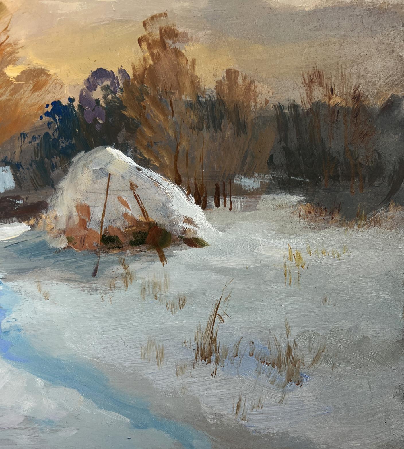 Oil painting of snow-covered rustic cabin at sunset by Yuriy Suprunchuk