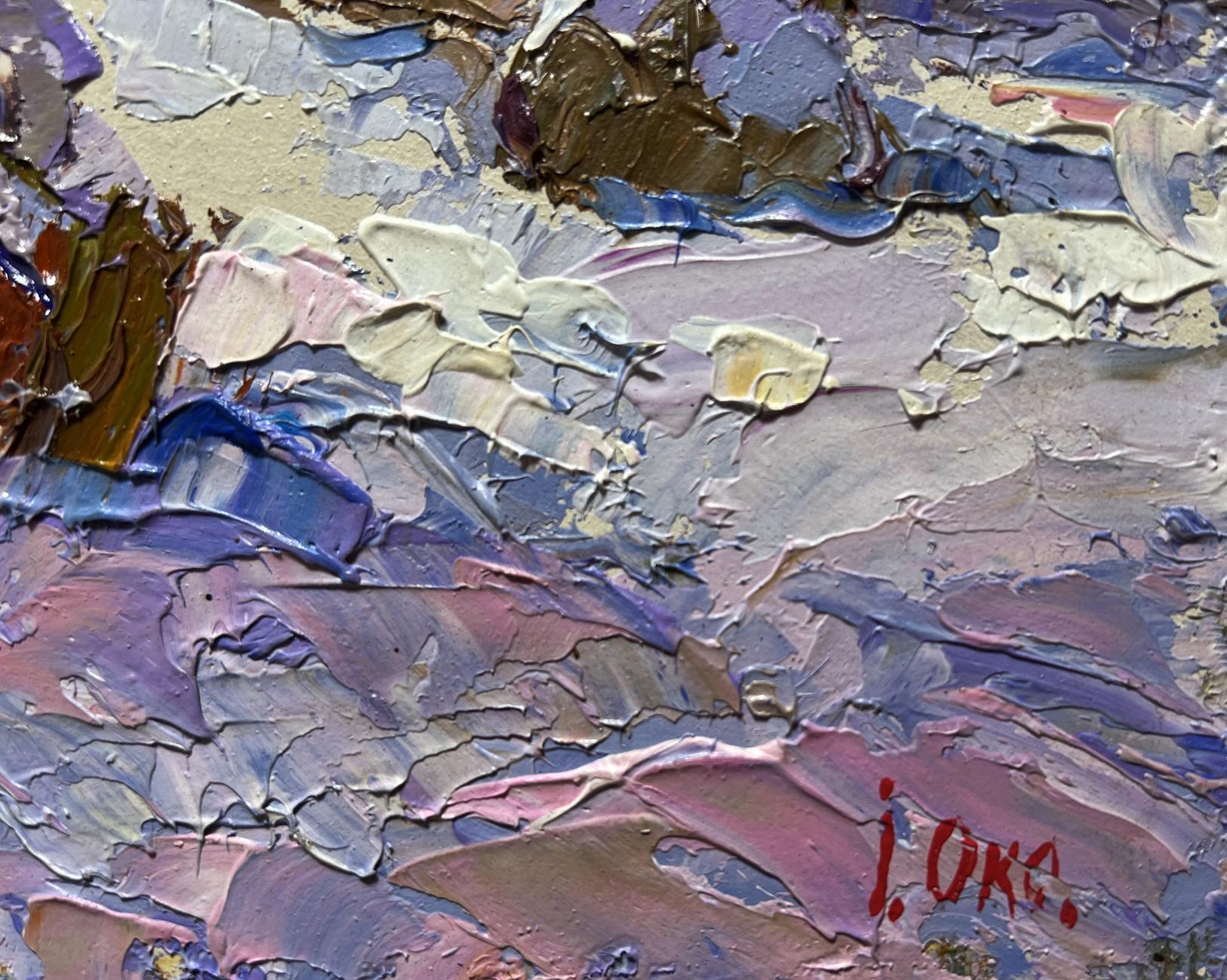 Oil painting Winter night in nature by Oksana Ivanyuk, textured purple blue impasto
