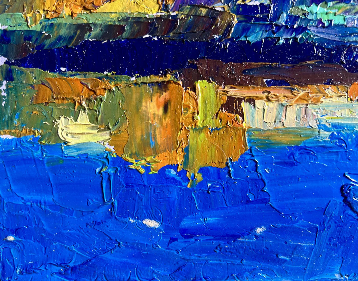 Vibrant Boris Serdyuk oil painting of city river in blue gold green textures