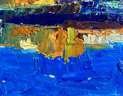 Vibrant Boris Serdyuk oil painting of city river in blue gold green textures