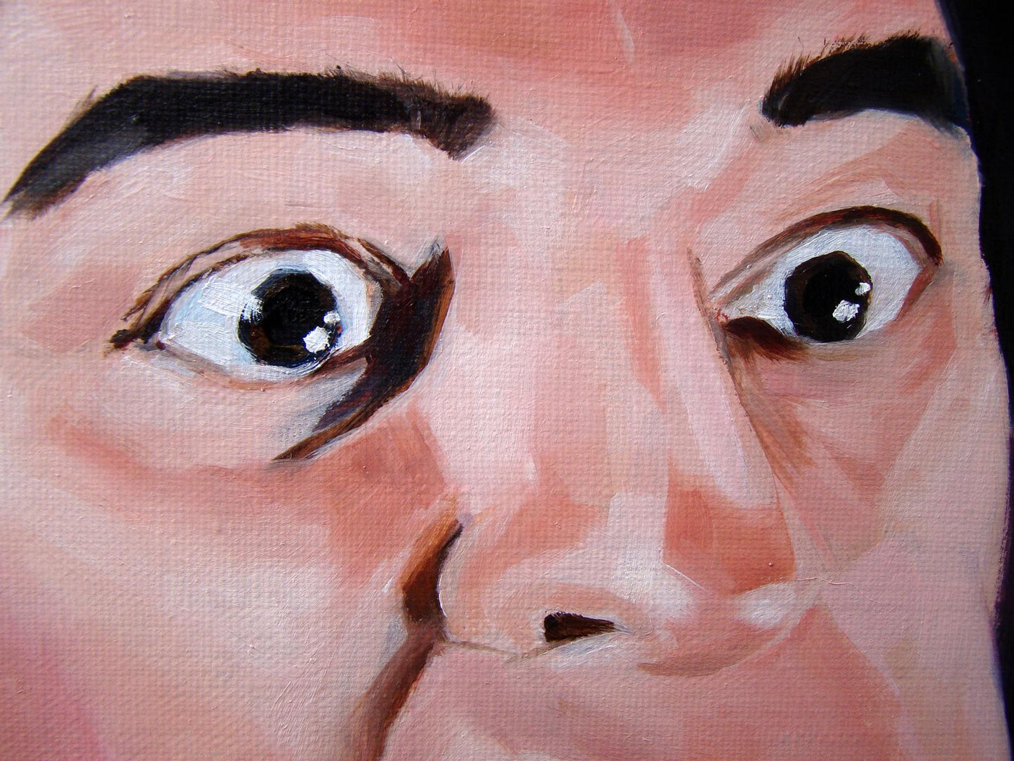 Close-up oil painting of mans expressive face by Yulia Lihina, Come on its not me