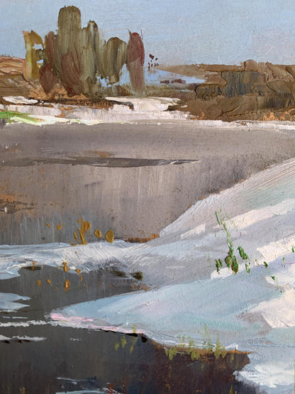 Thawed river oil painting by Yuriy Suprunchuk snowy landscape textured