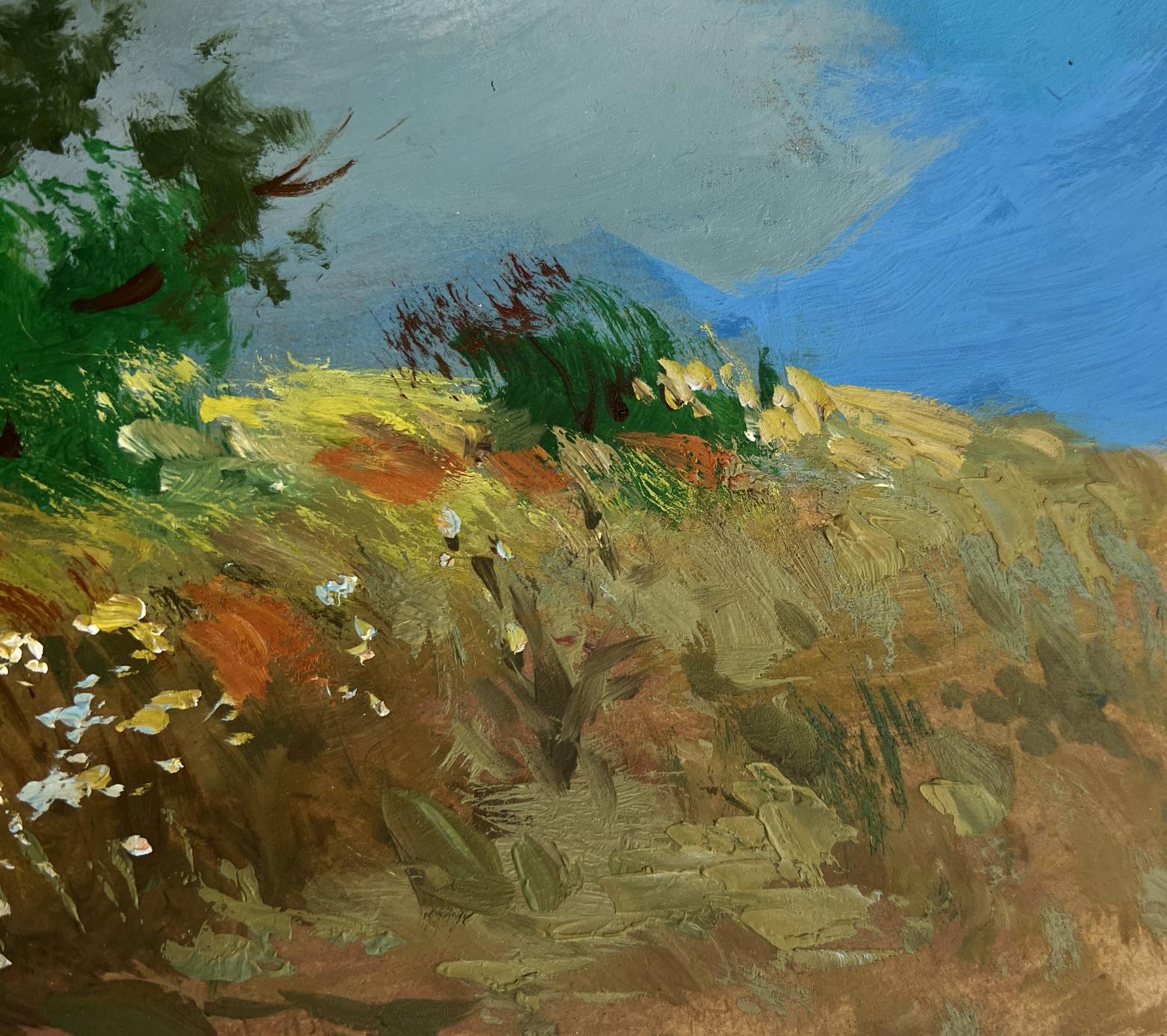 Vibrant impressionist oil painting by Yuriy Suprunchuk of couple in sunlit flower field hillside