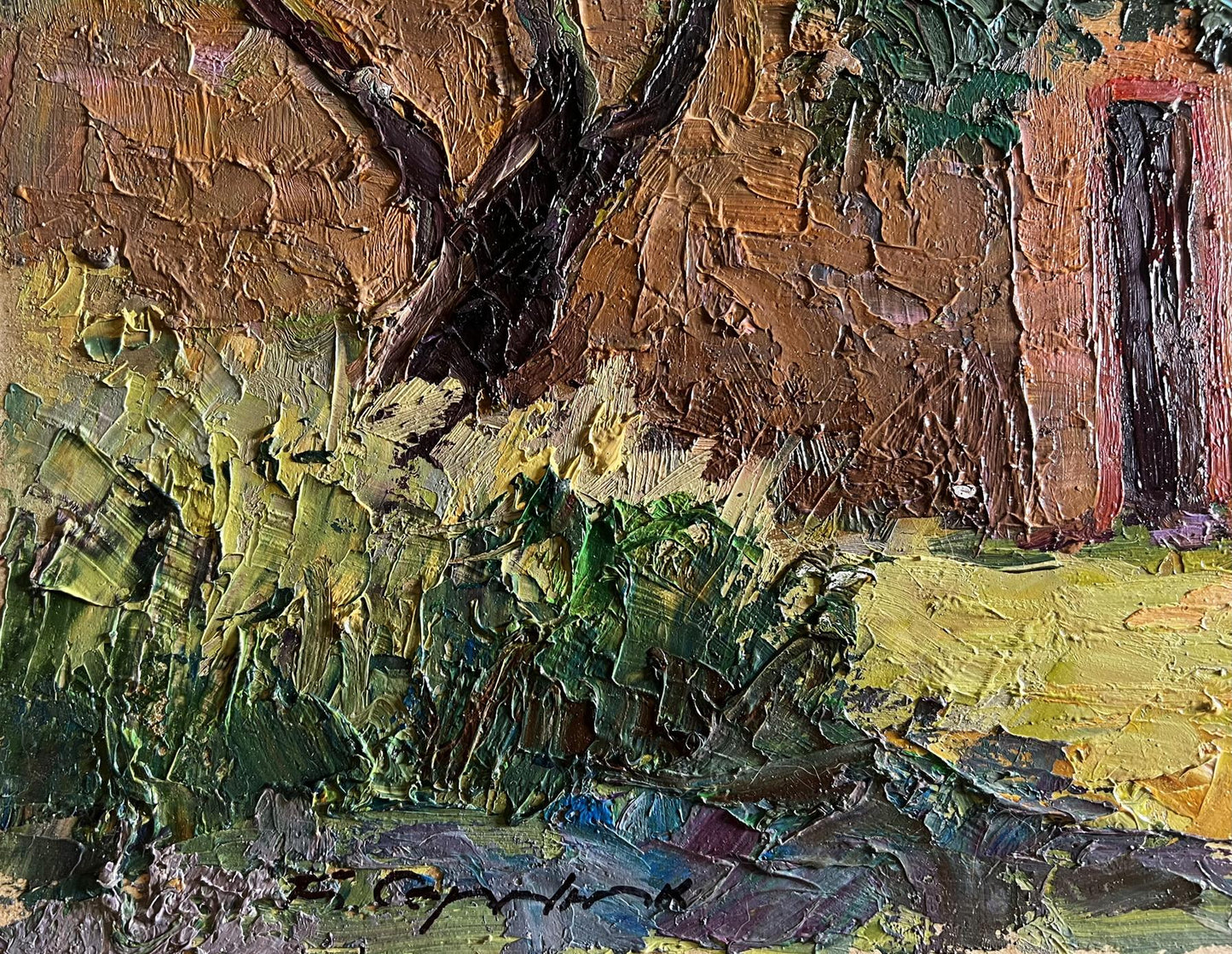 Oil painting Summer holidays in the village by Boris Serdyuk, textured tree