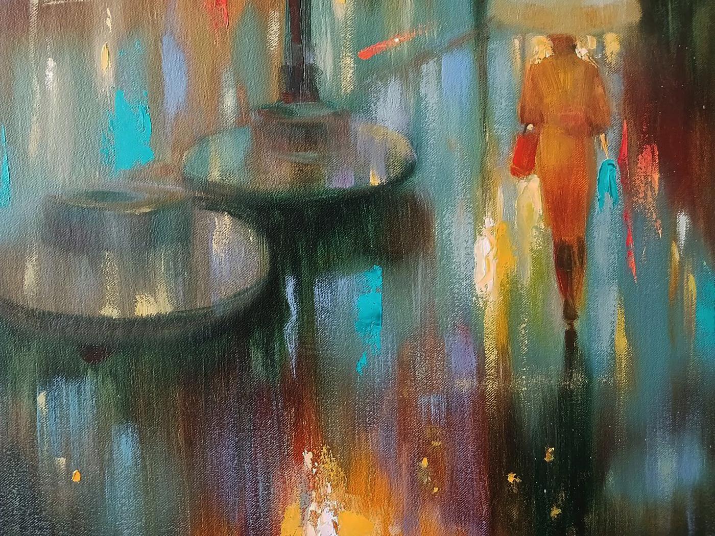 Abstract oil painting of woman in orange coat with red bag and blue umbrella on rainy street by Anatoly Tarabanov